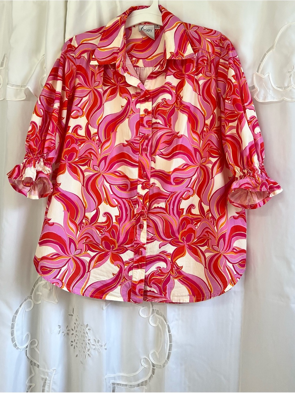 Finley Pink Floral Cotton Button Down Ruffle Sleeve Blouse S Made USA